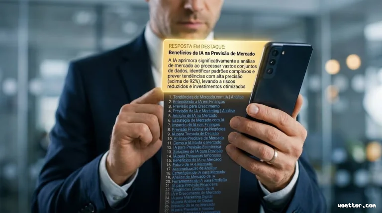Um homem vestindo terno escuro e camisa branca segura um smartphone com as duas mãos. Projetada a partir da tela do celular, há uma interface holográfica flutuante. No topo, uma caixa amarela brilhante exibe o texto "RESPOSTA EM DESTAQUE: Benefícios da IA na Previsão de Mercado", seguida de um pequeno parágrafo explicando como a inteligência artificial aprimora a análise de dados com mais de 92% de precisão. Abaixo dessa caixa, flui uma lista translúcida vertical contendo dezenas de links azuis numerados sobre tendências de mercado e IA. O fundo mostra um ambiente de escritório desfocado com pontos de luz.