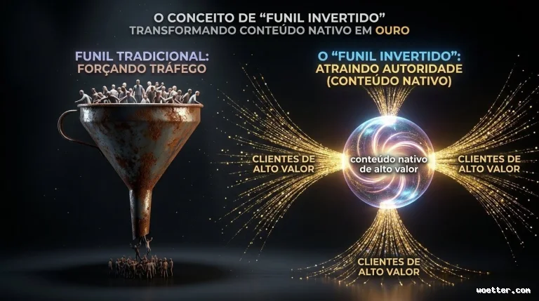 Imagem comparativa sobre fundo escuro intitulada 'O CONCEITO DE "FUNIL INVERTIDO" TRANSFORMANDO CONTEÚDO NATIVO EM OURO'. À esquerda, o 'FUNIL TRADICIONAL: FORÇANDO TRÁFEGO' é ilustrado por um grande funil de metal enferrujado onde uma multidão de pessoas cinzentas entra pela parte superior larga, e poucas saem pela base estreita. À direita, 'O "FUNIL INVERTIDO": ATRAINDO AUTORIDADE (CONTEÚDO NATIVO)' é representado por uma esfera luminosa central com o texto 'conteúdo nativo de alto valor', de onde irradiam feixes de luz dourada para fora, apontando para o texto 'CLIENTES DE ALTO VALOR'.