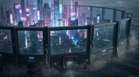 Uma cidade futurista de estilo cyberpunk, repleta de arranha-céus brilhantes iluminados por luzes neon em tons de azul, rosa e roxo, além de hologramas flutuantes de ícones de redes sociais (como corações, balões de mensagem e perfis). A metrópole vibrante, onde veículos voadores cruzam o céu, é completamente cercada por uma enorme e espessa muralha metálica escura com grandes janelas de vidro. Em contraste, o lado de fora da muralha revela uma paisagem árida, escura e coberta por névoa. Na base da estrutura, em primeiro plano, há uma porta de metal blindada com um letreiro em neon vermelho indicando "EXIT" (Saída), protegida por dois soldados armados em trajes táticos e ladeada por pequenos drones voadores equipados com holofotes.