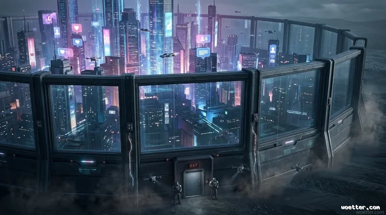 A futuristic cyberpunk-style city filled with bright skyscrapers illuminated by blue, pink, and purple neon lights, featuring floating holograms of social media icons (such as hearts, message bubbles, and user profiles). The vibrant metropolis, where flying vehicles navigate the sky, is completely enclosed by a massive, thick, dark metallic wall with large glass windows. In contrast, the exterior of the wall reveals a barren, dark, and fog-covered landscape. At the base of the structure in the foreground, there is an armored metal door with a red neon "EXIT" sign, guarded by two armed soldiers in tactical gear and flanked by small flying drones equipped with searchlights.
