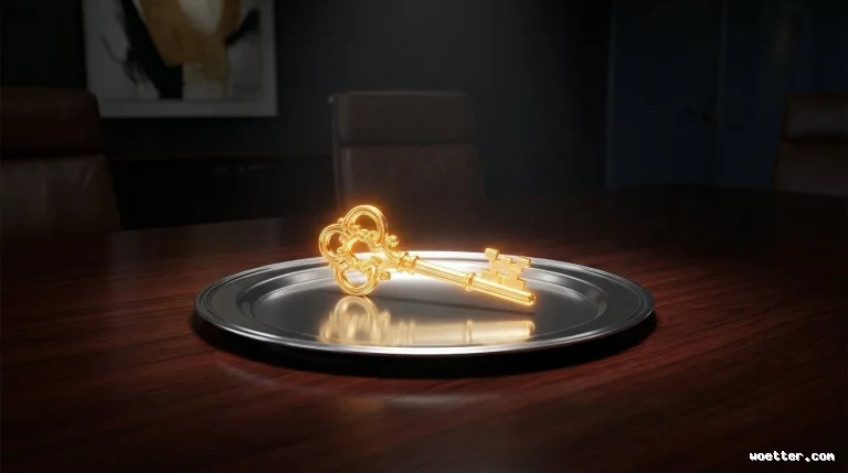 A glowing, ornate golden key with a classic design, resting on a polished silver platter. The platter sits in the center of a dark, varnished wooden conference table, reflecting the warm light emitted by the key. The background is out of focus and dimly lit, resembling an elegant office or corporate boardroom, with dark leather chairs faintly visible around the table. The atmosphere conveys mystery, exclusivity, and sophistication.