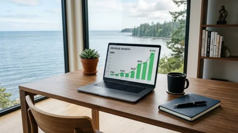 Um notebook prateado aberto sobre uma mesa de madeira exibindo um gráfico de barras e linhas na cor verde que mostra um crescimento de receita contínuo (Revenue Growth). À esquerda do computador há um pequeno vaso de barro com uma planta suculenta, e à direita, uma caneca preta e um caderno escuro fechado com uma caneta apoiada em cima. Ao fundo, grandes janelas de vidro emolduram uma vista panorâmica para um mar calmo e uma costa repleta de árvores sob um céu parcialmente nublado. À extrema direita, nota-se uma estante de madeira com livros e objetos de decoração.