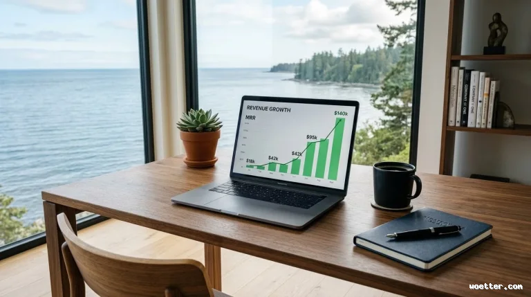 An open silver laptop resting on a wooden desk, displaying a green bar and line chart that illustrates continuous revenue growth. To the left of the computer is a small terracotta pot with a succulent plant, and to the right, a black mug and a closed dark notebook with a pen resting on top. In the background, large glass windows frame a scenic view of a calm sea and a tree-lined coast under a partly cloudy sky. On the far right, a wooden bookshelf with books and decorative items is visible.