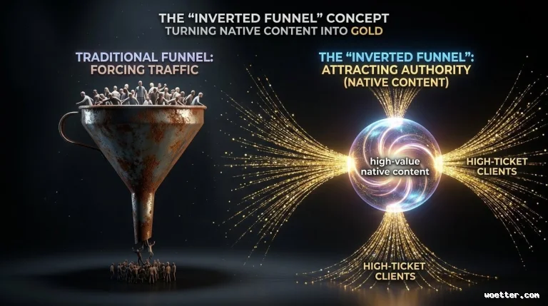 Comparative image on a dark background titled 'THE "INVERTED FUNNEL" CONCEPT TURNING NATIVE CONTENT INTO GOLD'. On the left, the 'TRADITIONAL FUNNEL: FORCING TRAFFIC' is illustrated by a large rusty metal funnel where a crowd of grey people enters the wide top, and only a few exit the narrow bottom. On the right, 'THE "INVERTED FUNNEL": ATTRACTING AUTHORITY (NATIVE CONTENT)' is represented by a central glowing sphere containing the text 'high-value native content', from which golden beams of light radiate outward, pointing to the text 'HIGH-TICKET CLIENTS'.