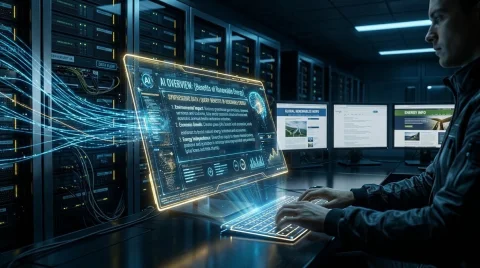 Um homem de perfil trabalhando em uma sala de servidores escura, digitando em um teclado futurista iluminado. Ele observa uma grande tela holográfica translúcida que flutua sobre a mesa, exibindo um painel com o título "AI OVERVIEW: [Benefits of Renewable Energy]". Feixes de luz azul brilhante fluem dos racks de servidores à esquerda diretamente para a tela holográfica, simulando um fluxo contínuo de transferência de dados. Ao fundo, alinham-se múltiplos corredores de servidores e monitores de computador convencionais exibindo páginas da web.