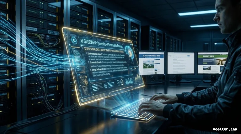 Um homem de perfil trabalhando em uma sala de servidores escura, digitando em um teclado futurista iluminado. Ele observa uma grande tela holográfica translúcida que flutua sobre a mesa, exibindo um painel com o título "AI OVERVIEW: [Benefits of Renewable Energy]". Feixes de luz azul brilhante fluem dos racks de servidores à esquerda diretamente para a tela holográfica, simulando um fluxo contínuo de transferência de dados. Ao fundo, alinham-se múltiplos corredores de servidores e monitores de computador convencionais exibindo páginas da web.