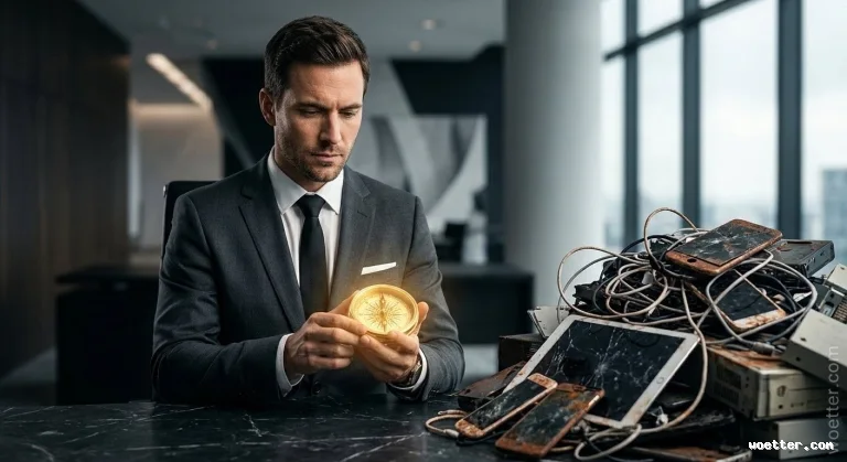 A man in a grey suit and black tie sits at a dark marble office desk, holding a glowing golden compass in both hands and looking intently at it. To the right on the desk is a pile of e-waste, including rusty smartphones, a tablet with a cracked screen, and tangled cables. The man is focused on the glowing compass. The background is a modern office environment with large windows overlooking a city.