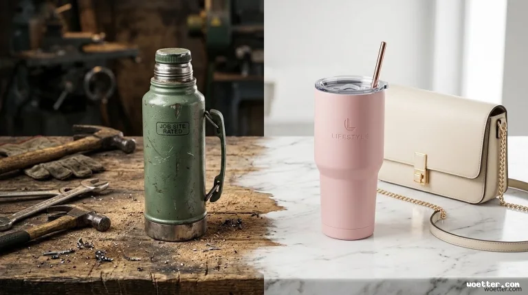 A vertically split image contrasting two distinct objects and environments. On the left side, a worn, dented olive-green thermos stamped with "JOB SITE RATED" sits on a rough, dirty wooden workbench scattered with metal shavings, hammers, and workshop tools in a dimly lit setting. On the right side, a pristine matte pastel pink tumbler labeled "LIFESTYLE" with a clear lid and metal straw rests on a clean white marble countertop. Next to the tumbler is a chic cream-colored leather handbag with a gold clasp and chain strap in a bright, sophisticated setting.