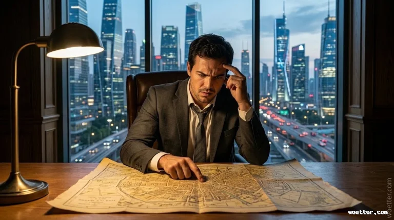 A photograph of a Caucasian man in his late 30s or 40s, wearing a grey tailored suit with a loosened tie and crumpled white shirt, sitting at a large dark wooden desk. He is looking down with a deeply focused and stressed expression, his right index finger pointing to a specific point on a large, aged, yellowed antique map spread across the desk, while his left hand is pressed to his temple. To the left of the map, a lit brass articulated desk lamp casts a warm glow. The background is a massive floor-to-ceiling window offering a panoramic night view of a dense, modern metropolis with numerous illuminated glass skyscrapers and a multi-lane highway bustling with car traffic under a twilight sky. The overall tone is tense and contemplative.