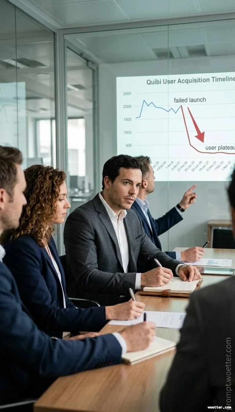 Photograph of a corporate meeting in a glass-walled conference room. Professionals in business suits are seated along a wooden table, paying attention and taking notes in notebooks. In the background, a man points to a bright projection screen displaying a line graph titled "Quibi User Acquisition Timeline". The graph shows a sharp drop signaled by a large red arrow and the text "failed launch", followed by a flat, stabilized line at the bottom with the text "user plateau".