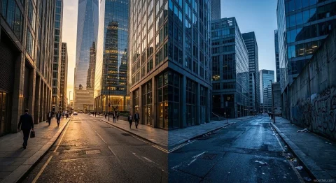 Imagem dividida verticalmente ao meio mostrando um forte contraste de uma rua urbana. A metade esquerda exibe uma cena diurna e vibrante, iluminada por uma luz dourada do sol refletindo em grandes arranha-céus de vidro, com várias pessoas em trajes de negócios caminhando por calçadas limpas. A metade direita mostra uma versão escura e deserta do mesmo local em tons frios e azulados, com lixo espalhado pelo asfalto e um muro de concreto com pichações à direita, criando uma atmosfera sombria e decadente.
