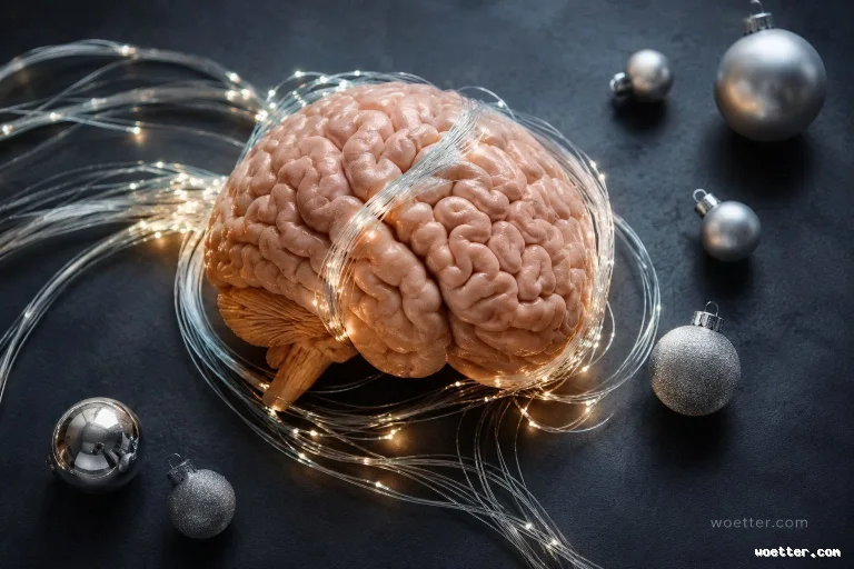 Um modelo anatômico detalhado de um cérebro humano está posicionado no centro, envolto por cordões de luzes de fada LED brilhantes e quentes e filamentos de fibra ótica claros. O cérebro repousa sobre uma superfície texturizada cinza escura e sombria. Espalhadas ao redor do cérebro estão várias bolas de Natal prateadas em diferentes tamanhos e acabamentos, incluindo esferas brilhantes, foscas e com glitter. A iluminação é dramática, com o brilho das luzes destacando as circunvoluções do cérebro contra o fundo escuro.