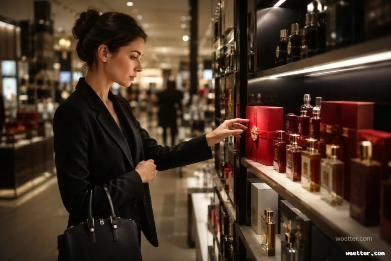Uma mulher jovem e elegante, vista de perfil, examina produtos em uma loja de luxo. Ela tem cabelos escuros presos em um coque, veste um blazer preto e carrega uma bolsa preta estruturada no braço. Sua mão direita está estendida, tocando delicadamente uma caixa vermelha com um detalhe dourado no centro, exposta em uma prateleira bem iluminada ao lado de vários frascos de perfume. O ambiente ao redor possui iluminação quente e um fundo escuro e desfocado, transmitindo uma atmosfera sofisticada e requintada.